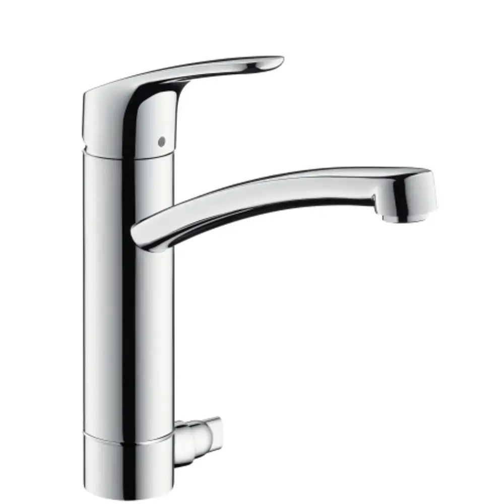 Hansgrohe Armatur mit einem langen Auslauf und einem Hebel. Die Oberfläche ist glänzend und chromfarben. Ideal für Küchen- oder Spültische geeignet.